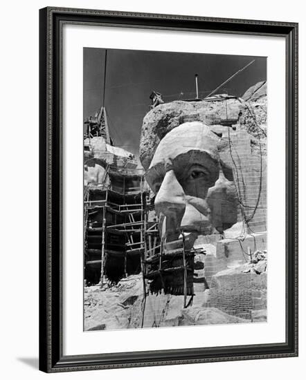 Scaffolding around Head of Abraham Lincoln, Partially Sculptured During Mt. Rushmore Construction-Alfred Eisenstaedt-Framed Photographic Print