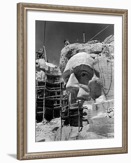 Scaffolding around Head of Abraham Lincoln, Partially Sculptured During Mt. Rushmore Construction-Alfred Eisenstaedt-Framed Photographic Print