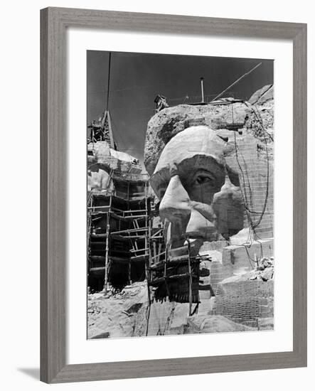 Scaffolding around Head of Abraham Lincoln, Partially Sculptured During Mt. Rushmore Construction-Alfred Eisenstaedt-Framed Photographic Print