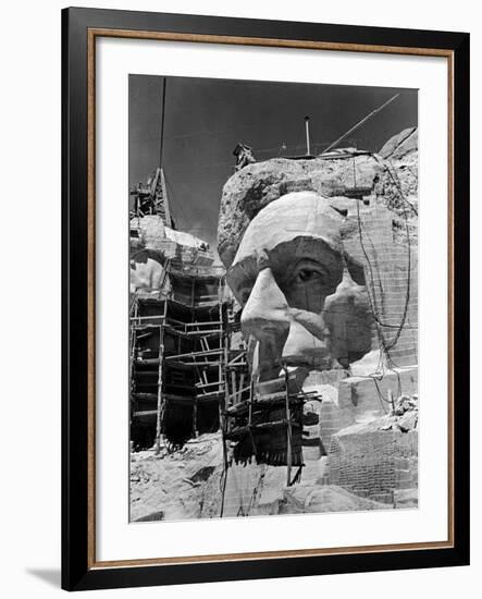 Scaffolding around Head of Abraham Lincoln, Partially Sculptured During Mt. Rushmore Construction-Alfred Eisenstaedt-Framed Photographic Print