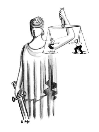 Scales Of Justice Hold A Man And A Woman Fighting With Each Other New Yorker Cartoon Premium Giclee Print Warren Miller Art Com
