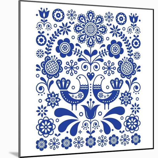 Scandinavian Cute Folk Art Vector Decoration with Birds and Flowers, Scandinavian Navy Blue Floral-RedKoala-Mounted Art Print