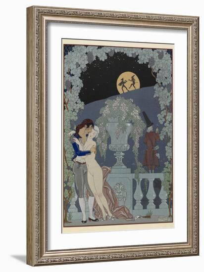 Scaramouche and Pulcinelle Man embracing a naked woman Two figues in silhouette against the moon-Georges Barbier-Framed Giclee Print