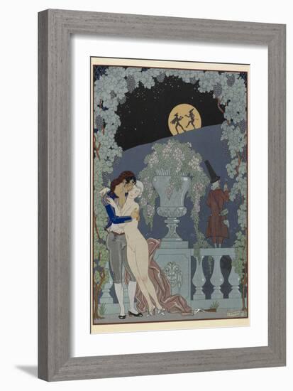 Scaramouche and Pulcinelle Man embracing a naked woman Two figues in silhouette against the moon-Georges Barbier-Framed Giclee Print