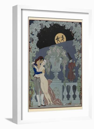 Scaramouche and Pulcinelle Man embracing a naked woman Two figues in silhouette against the moon-Georges Barbier-Framed Giclee Print