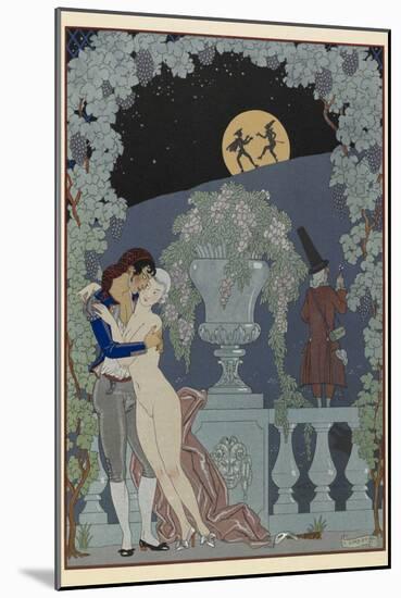 Scaramouche and Pulcinelle Man embracing a naked woman Two figues in silhouette against the moon-Georges Barbier-Mounted Giclee Print