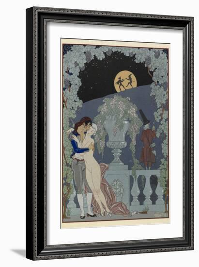 Scaramouche and Pulcinelle Man embracing a naked woman Two figues in silhouette against the moon-Georges Barbier-Framed Giclee Print