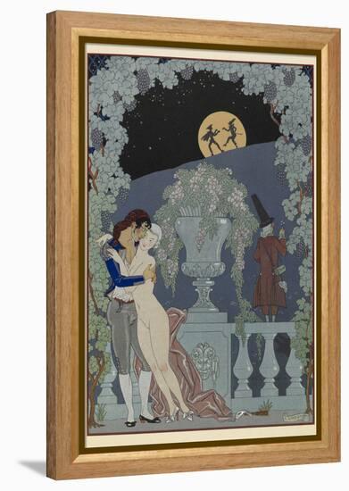 Scaramouche and Pulcinelle Man embracing a naked woman Two figues in silhouette against the moon-Georges Barbier-Framed Premier Image Canvas