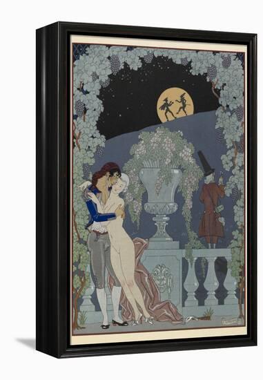 Scaramouche and Pulcinelle Man embracing a naked woman Two figues in silhouette against the moon-Georges Barbier-Framed Premier Image Canvas