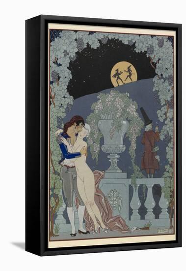 Scaramouche and Pulcinelle Man embracing a naked woman Two figues in silhouette against the moon-Georges Barbier-Framed Premier Image Canvas