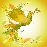 Green Dove with Flower Branch and Autumn Leaves-Scarlet Starlet-Art Print