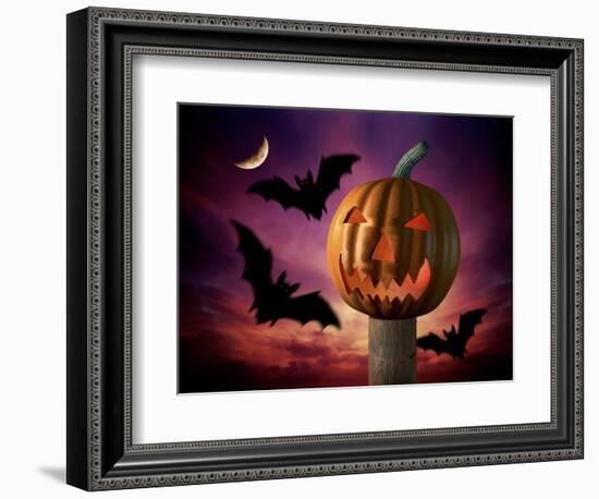 Scary Pumpkin and Bats-Matthias Kulka-Framed Premium Giclee Print