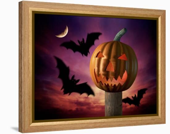 Scary Pumpkin and Bats-Matthias Kulka-Framed Premier Image Canvas