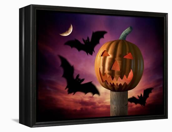 Scary Pumpkin and Bats-Matthias Kulka-Framed Premier Image Canvas