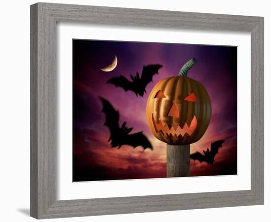 Scary Pumpkin and Bats-Matthias Kulka-Framed Giclee Print