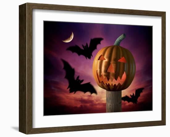 Scary Pumpkin and Bats-Matthias Kulka-Framed Giclee Print