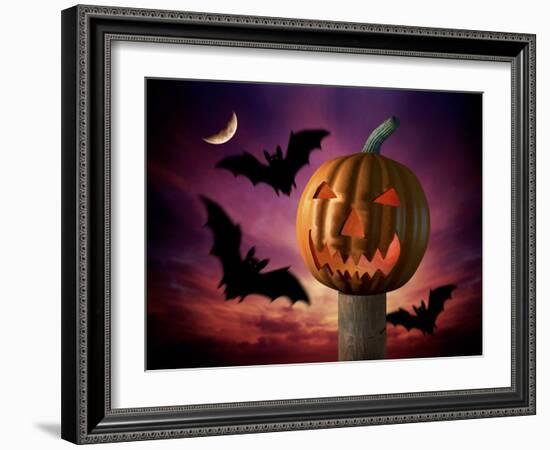 Scary Pumpkin and Bats-Matthias Kulka-Framed Giclee Print