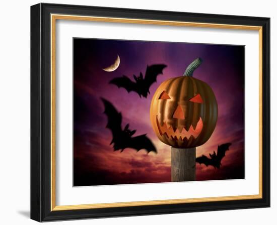 Scary Pumpkin and Bats-Matthias Kulka-Framed Giclee Print