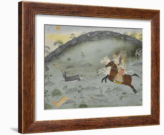 Scène de chasse: le sultan Amar Singh et un prince poursuivant deux gazelles-null-Framed Giclee Print