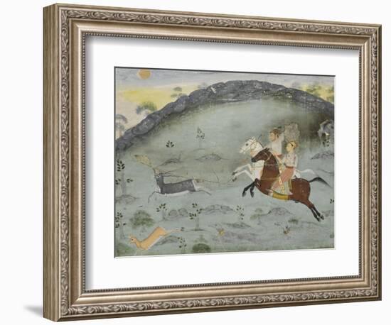 Scène de chasse: le sultan Amar Singh et un prince poursuivant deux gazelles-null-Framed Giclee Print