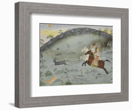 Scène de chasse: le sultan Amar Singh et un prince poursuivant deux gazelles-null-Framed Giclee Print