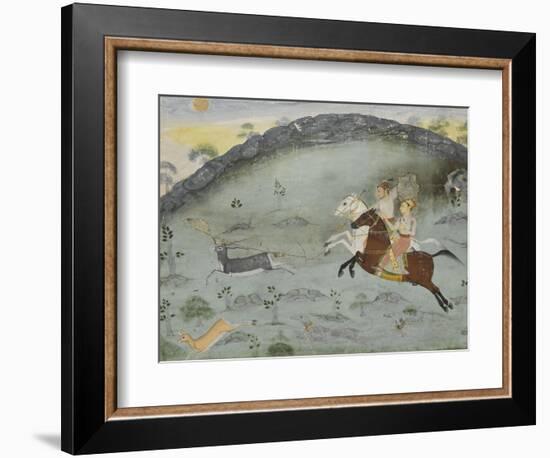 Scène de chasse: le sultan Amar Singh et un prince poursuivant deux gazelles-null-Framed Giclee Print