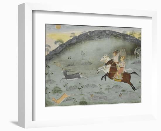 Scène de chasse: le sultan Amar Singh et un prince poursuivant deux gazelles-null-Framed Giclee Print