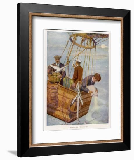 Scene in the Basket of a Balloon. One Man Consults the Altimeter-null-Framed Photographic Print