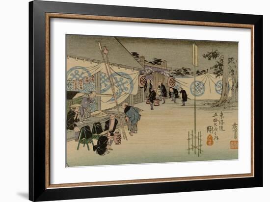 Scene Outside a Resting Place Along the Tokaido Where a Warlord (Daimyo) Is Stopped for the Night-Utagawa Hiroshige-Framed Art Print