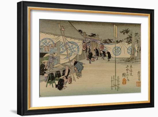 Scene Outside a Resting Place Along the Tokaido Where a Warlord (Daimyo) Is Stopped for the Night-Utagawa Hiroshige-Framed Art Print