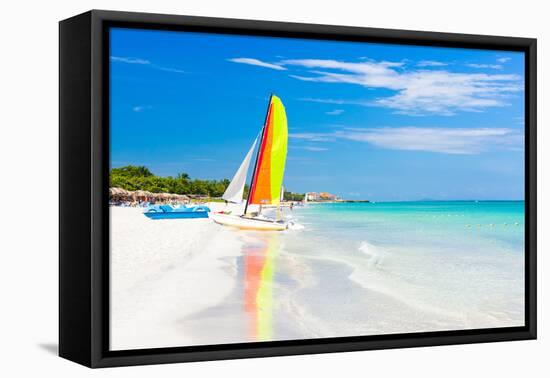 Scene with Sailing Boat at the Famous Varadero Beach , Caribbean Sea in Cuba-Kamira-Framed Premier Image Canvas