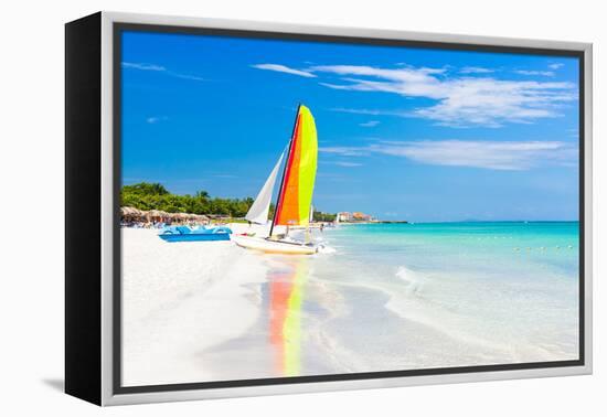 Scene with Sailing Boat at the Famous Varadero Beach , Caribbean Sea in Cuba-Kamira-Framed Premier Image Canvas