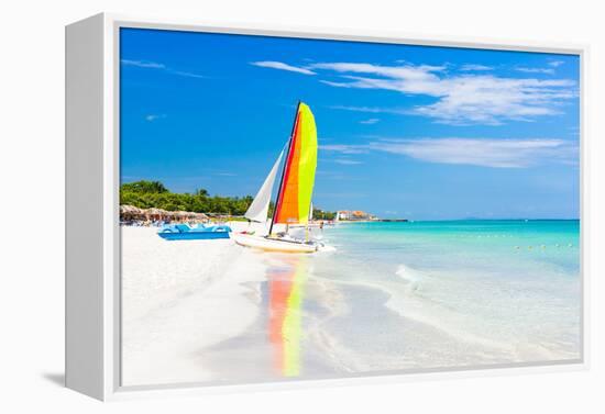 Scene with Sailing Boat at the Famous Varadero Beach , Caribbean Sea in Cuba-Kamira-Framed Premier Image Canvas