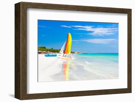 Scene with Sailing Boat at the Famous Varadero Beach , Caribbean Sea in Cuba-Kamira-Framed Premium Photographic Print