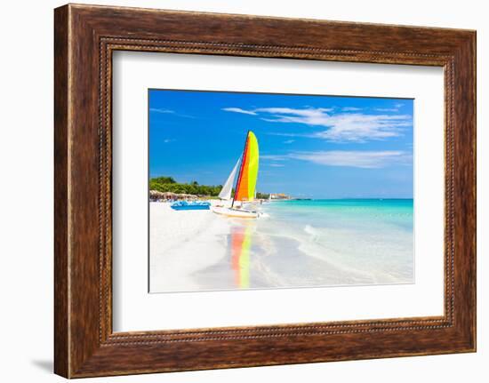 Scene with Sailing Boat at the Famous Varadero Beach , Caribbean Sea in Cuba-Kamira-Framed Premium Photographic Print