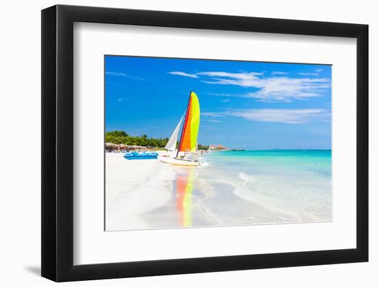 Scene with Sailing Boat at the Famous Varadero Beach , Caribbean Sea in Cuba-Kamira-Framed Premium Photographic Print