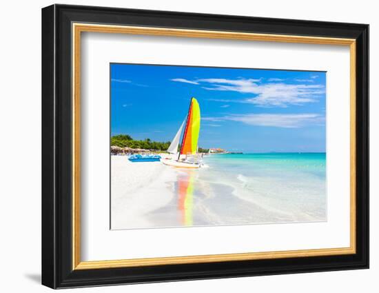 Scene with Sailing Boat at the Famous Varadero Beach , Caribbean Sea in Cuba-Kamira-Framed Premium Photographic Print