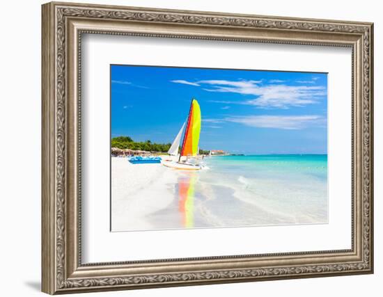 Scene with Sailing Boat at the Famous Varadero Beach , Caribbean Sea in Cuba-Kamira-Framed Photographic Print