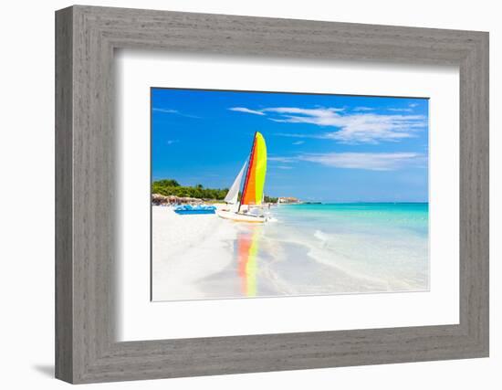 Scene with Sailing Boat at the Famous Varadero Beach , Caribbean Sea in Cuba-Kamira-Framed Photographic Print