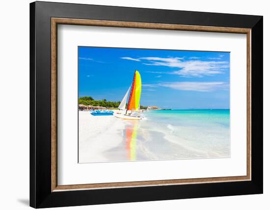 Scene with Sailing Boat at the Famous Varadero Beach , Caribbean Sea in Cuba-Kamira-Framed Photographic Print