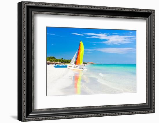 Scene with Sailing Boat at the Famous Varadero Beach , Caribbean Sea in Cuba-Kamira-Framed Photographic Print