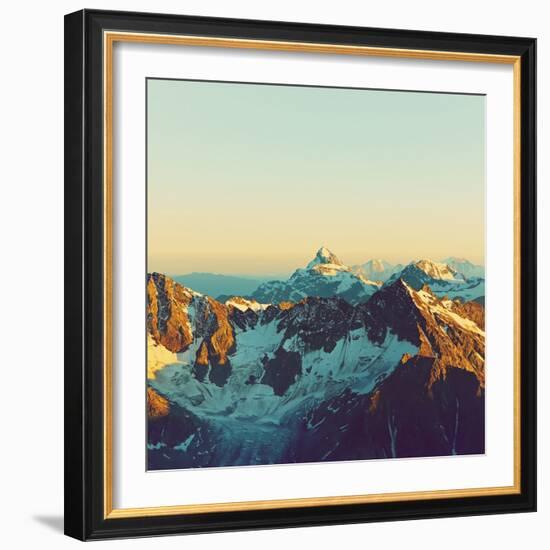 Scenic Alpine Landscape with and Mountain Ranges. Natural Mountain Background. Vintage Stylization-Evgeny Bakharev-Framed Photographic Print