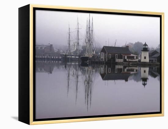 Scenic Harbor View with Masted Ships and Buildings Reflected in Placid Waters at Mystic Seaport-Alfred Eisenstaedt-Framed Premier Image Canvas