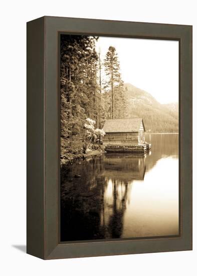 Scenic Image of Boathouse on Fallen Leaf Lake, California-Justin Bailie-Framed Premier Image Canvas