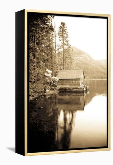 Scenic Image of Boathouse on Fallen Leaf Lake, California-Justin Bailie-Framed Premier Image Canvas