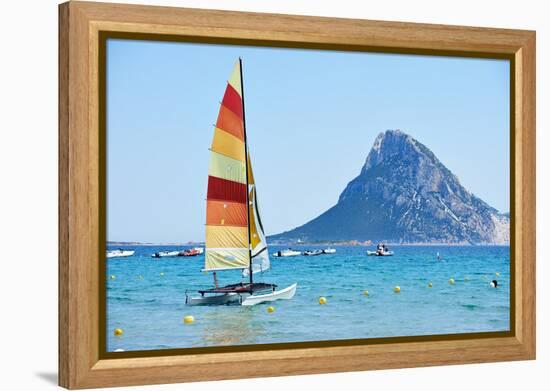 Scenic Italy Sardinia Beach Resort Landscape with Sail Boat and Mountains-kadmy-Framed Premier Image Canvas