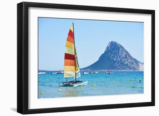 Scenic Italy Sardinia Beach Resort Landscape with Sail Boat and Mountains-kadmy-Framed Photographic Print