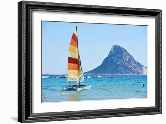 Scenic Italy Sardinia Beach Resort Landscape with Sail Boat and Mountains-kadmy-Framed Photographic Print