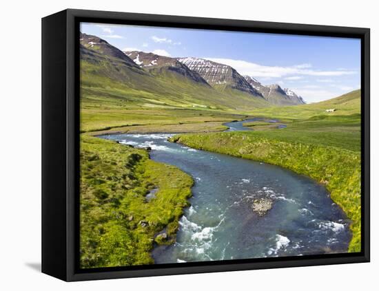 Scenic Landscape of River and Mountains in Svarfadardalur Valley in Northern Iceland-Joan Loeken-Framed Premier Image Canvas