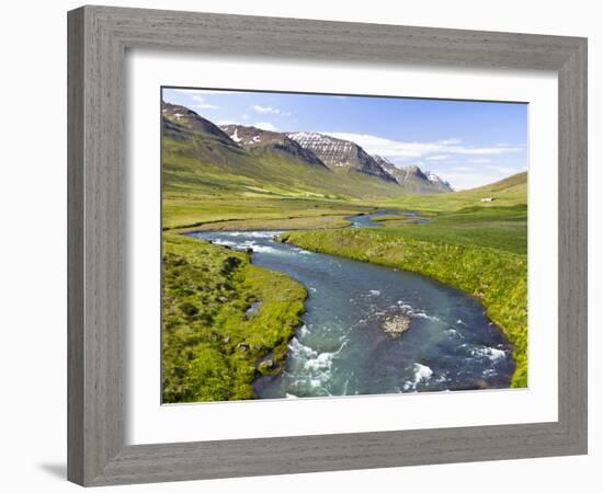 Scenic Landscape of River and Mountains in Svarfadardalur Valley in Northern Iceland-Joan Loeken-Framed Photographic Print